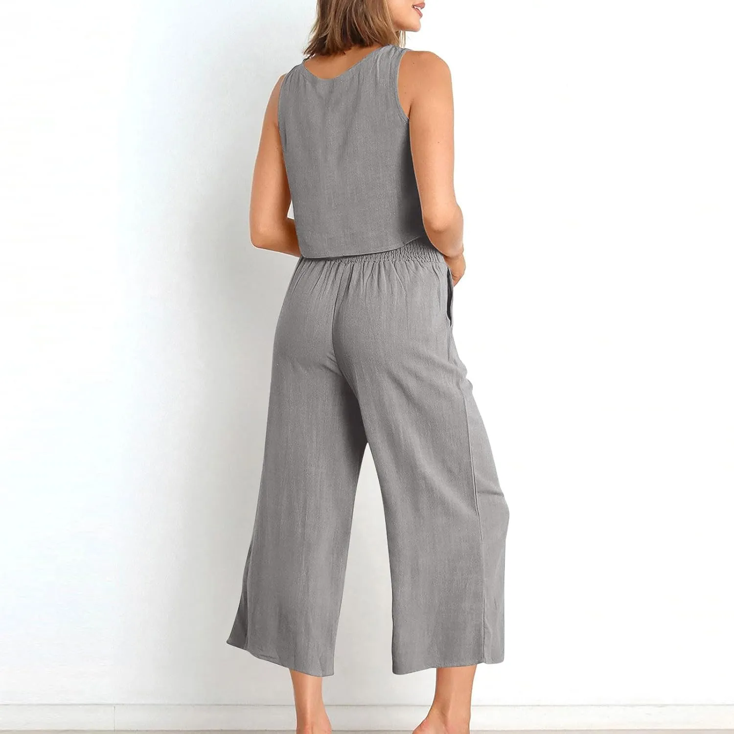 Women's Summer Cotton Linen 2 Piece Outfits Sleeveless Crop Top Capri Wide Leg Pants Trendy Lounge Beach Travel Sets