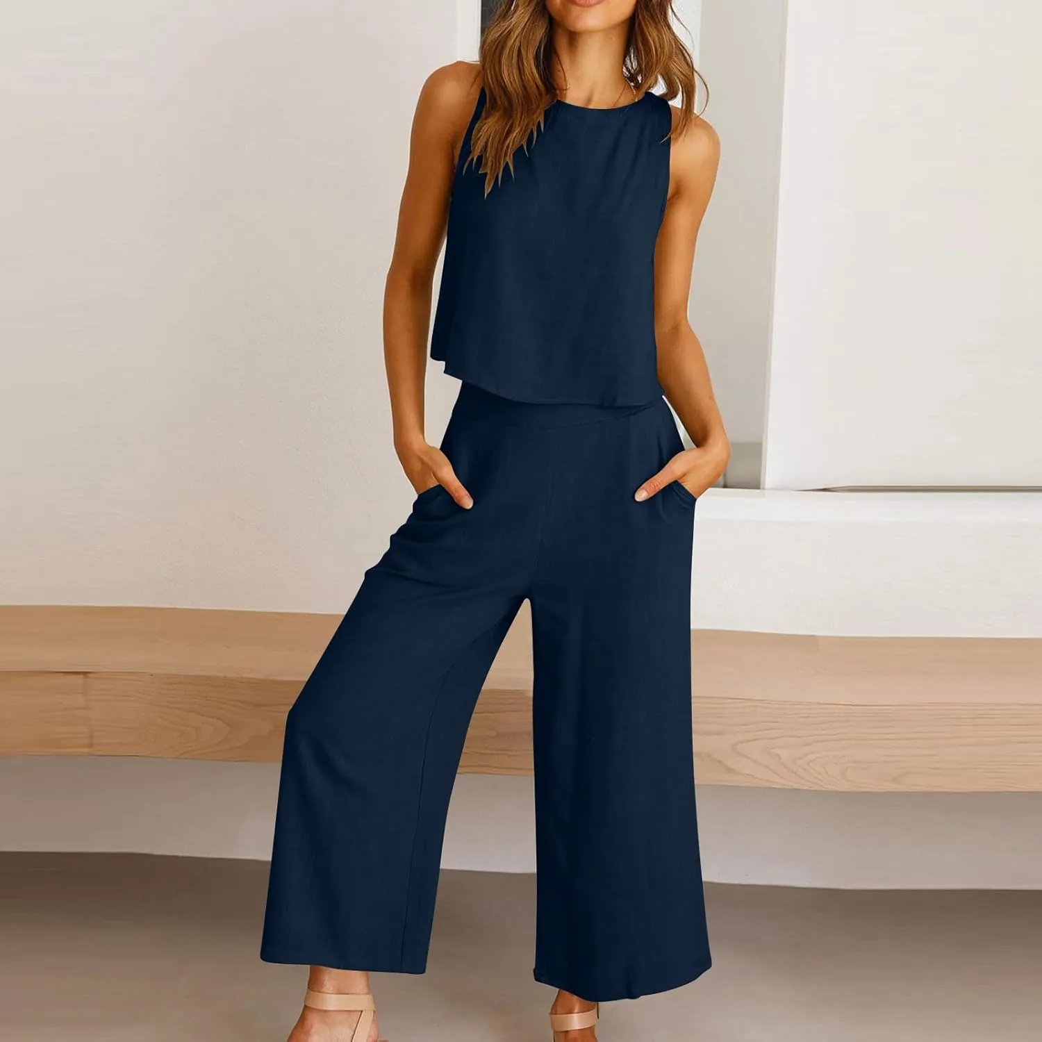 Women's Summer Cotton Linen 2 Piece Outfits Sleeveless Crop Top Capri Wide Leg Pants Trendy Lounge Beach Travel Sets