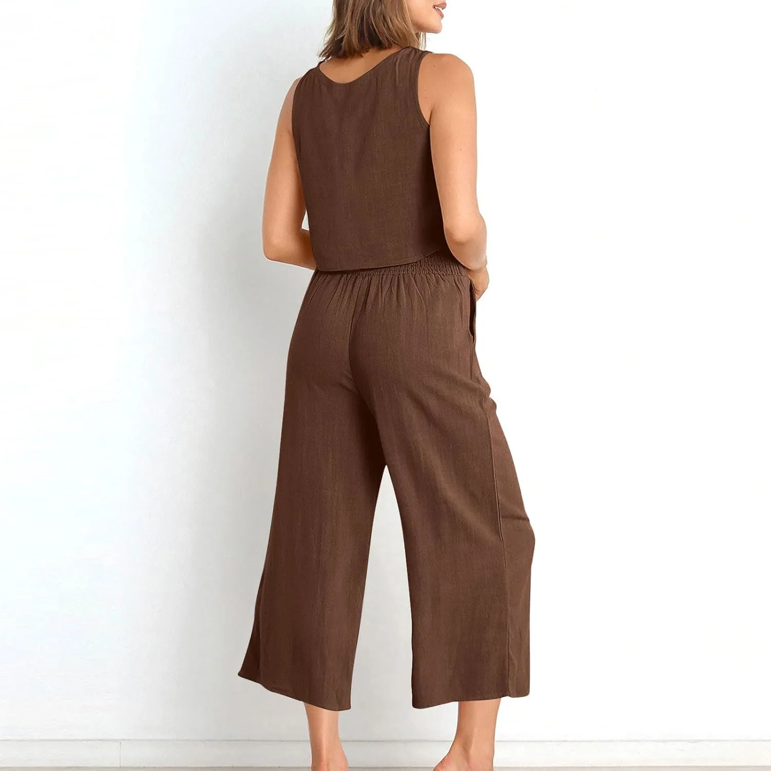 Women's Summer Cotton Linen 2 Piece Outfits Sleeveless Crop Top Capri Wide Leg Pants Trendy Lounge Beach Travel Sets