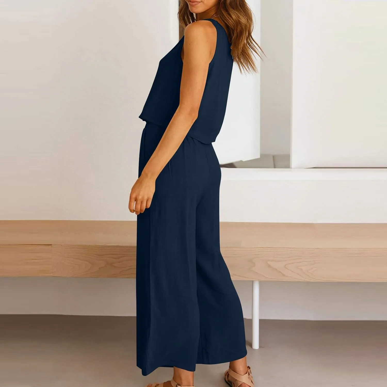 Women's Summer Cotton Linen 2 Piece Outfits Sleeveless Crop Top Capri Wide Leg Pants Trendy Lounge Beach Travel Sets