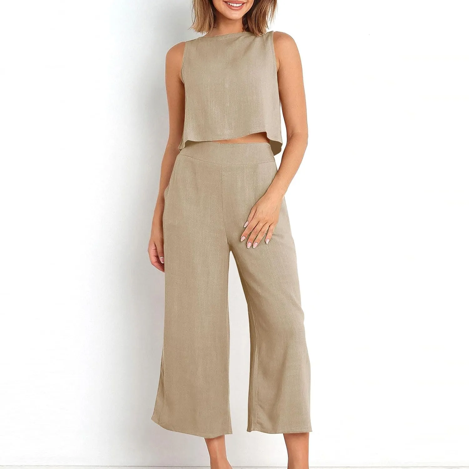 Women's Summer Cotton Linen 2 Piece Outfits Sleeveless Crop Top Capri Wide Leg Pants Trendy Lounge Beach Travel Sets