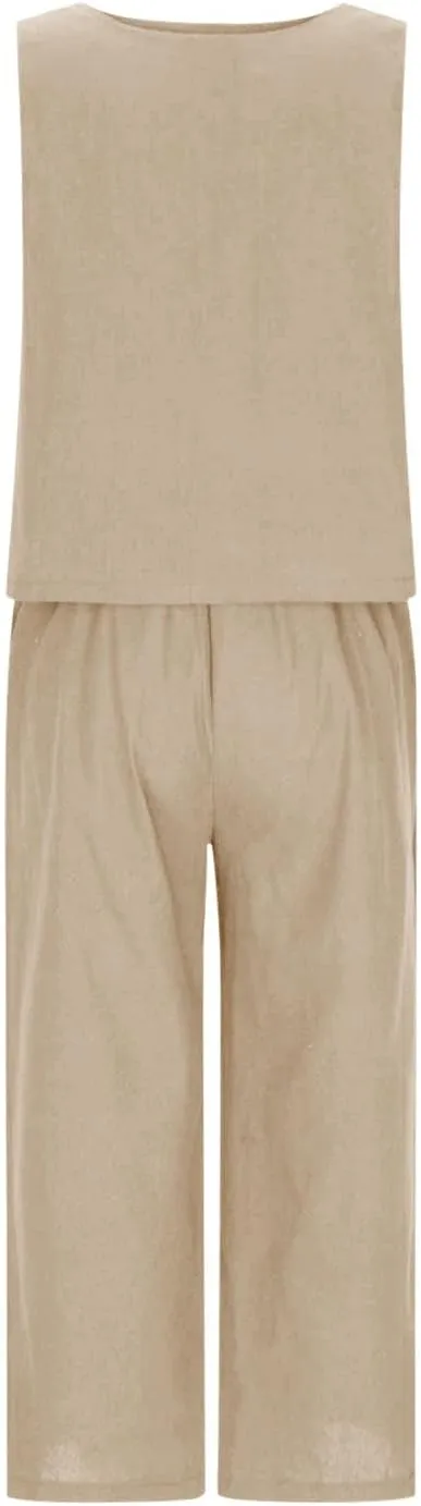 Women's Summer Cotton Linen 2 Piece Outfits Sleeveless Crop Top Capri Wide Leg Pants Trendy Lounge Beach Travel Sets