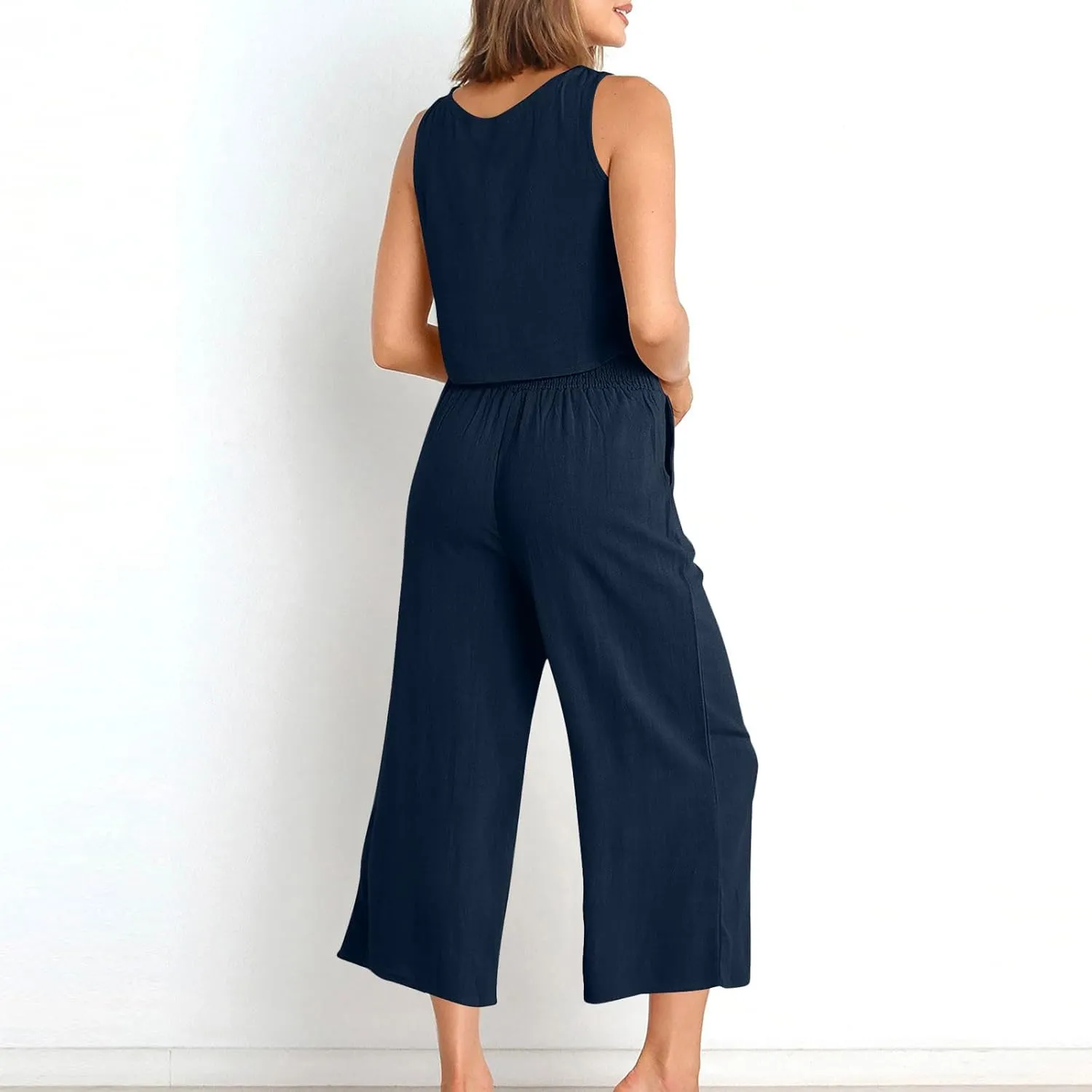 Women's Summer Cotton Linen 2 Piece Outfits Sleeveless Crop Top Capri Wide Leg Pants Trendy Lounge Beach Travel Sets