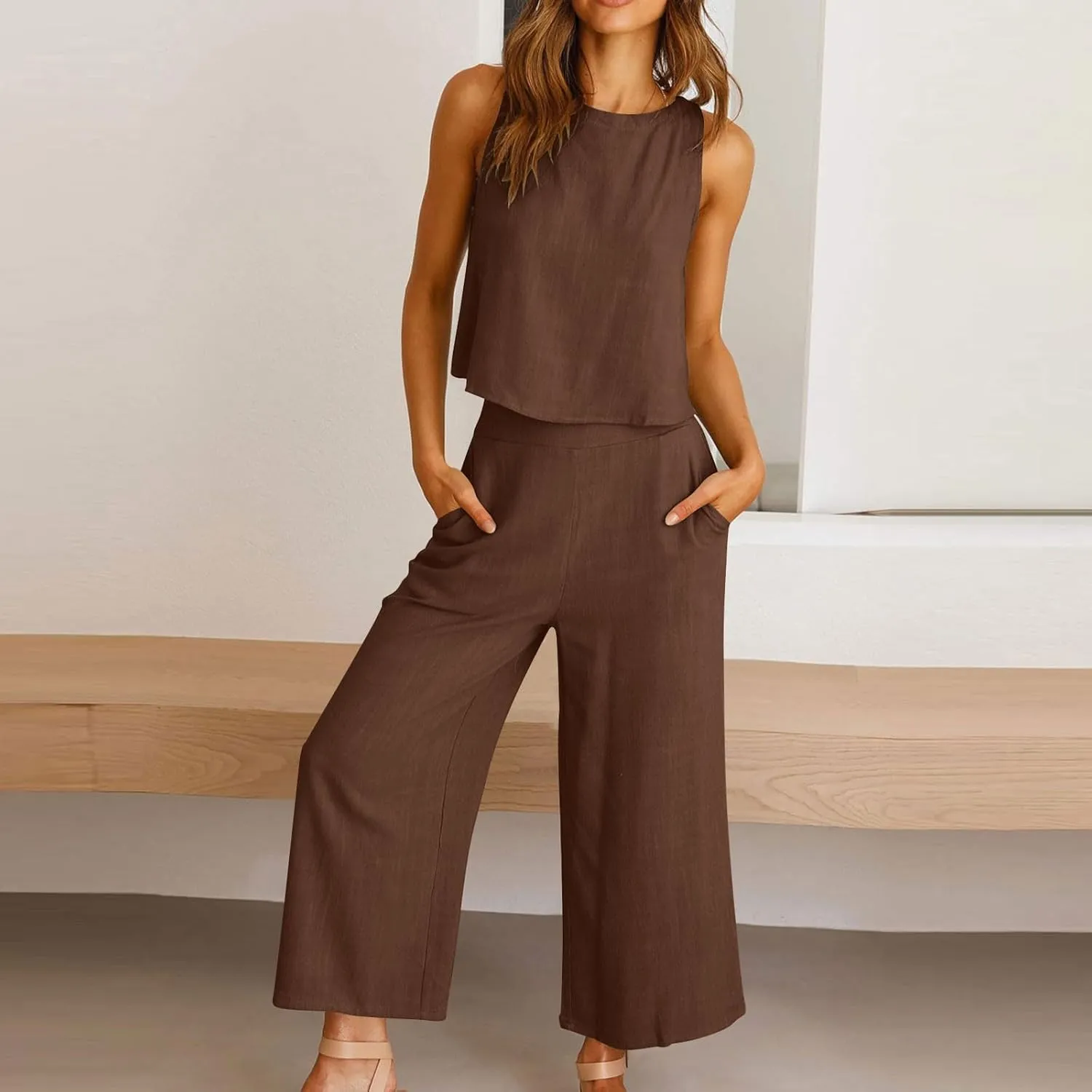 Women's Summer Cotton Linen 2 Piece Outfits Sleeveless Crop Top Capri Wide Leg Pants Trendy Lounge Beach Travel Sets