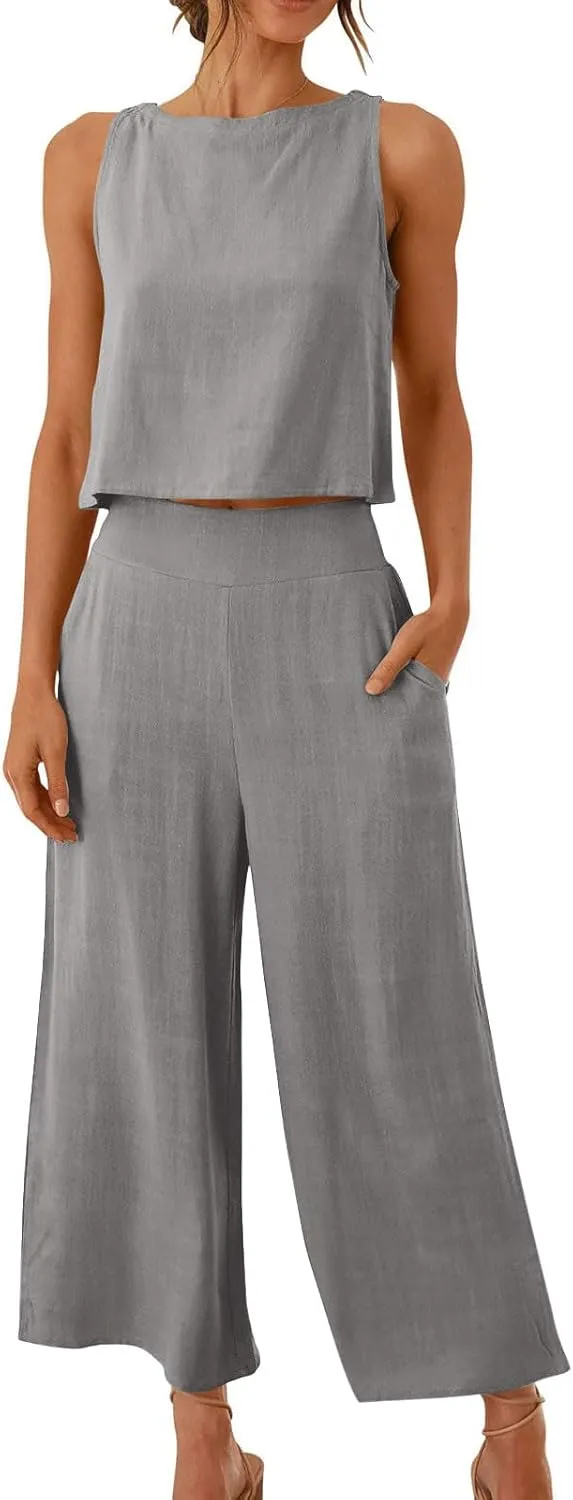 Women's Summer Cotton Linen 2 Piece Outfits Sleeveless Crop Top Capri Wide Leg Pants Trendy Lounge Beach Travel Sets