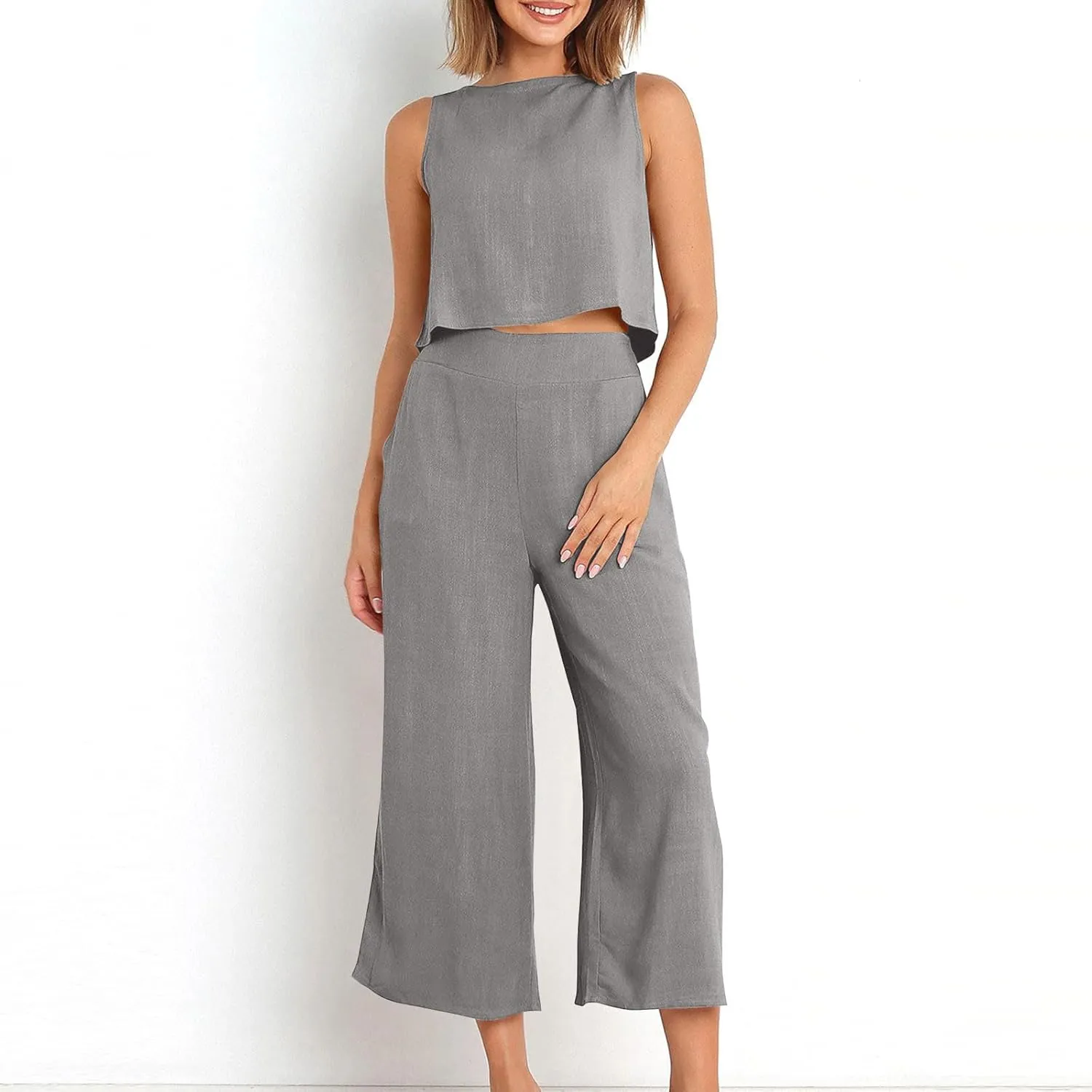 Women's Summer Cotton Linen 2 Piece Outfits Sleeveless Crop Top Capri Wide Leg Pants Trendy Lounge Beach Travel Sets