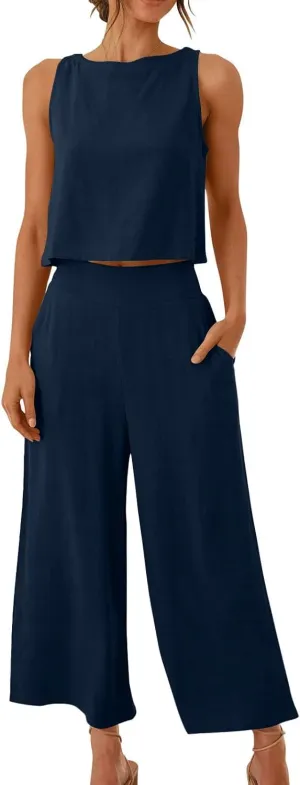 Women's Summer Cotton Linen 2 Piece Outfits Sleeveless Crop Top Capri Wide Leg Pants Trendy Lounge Beach Travel Sets