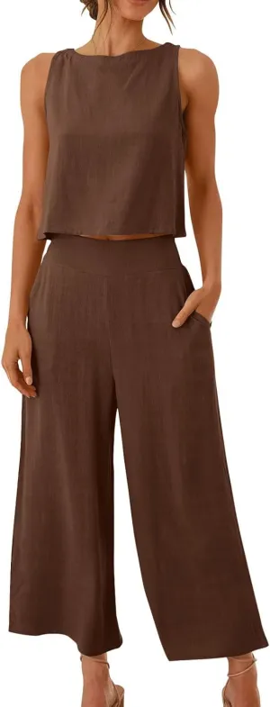 Women's Summer Cotton Linen 2 Piece Outfits Sleeveless Crop Top Capri Wide Leg Pants Trendy Lounge Beach Travel Sets