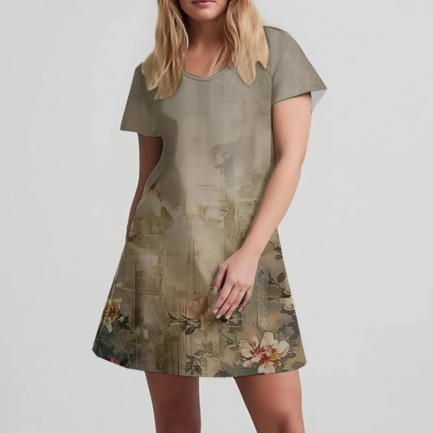 Womens Summer Dresses 2025 Short Sleeve V Neck Floral Shirt Dress Loose Fit Shift Sundress