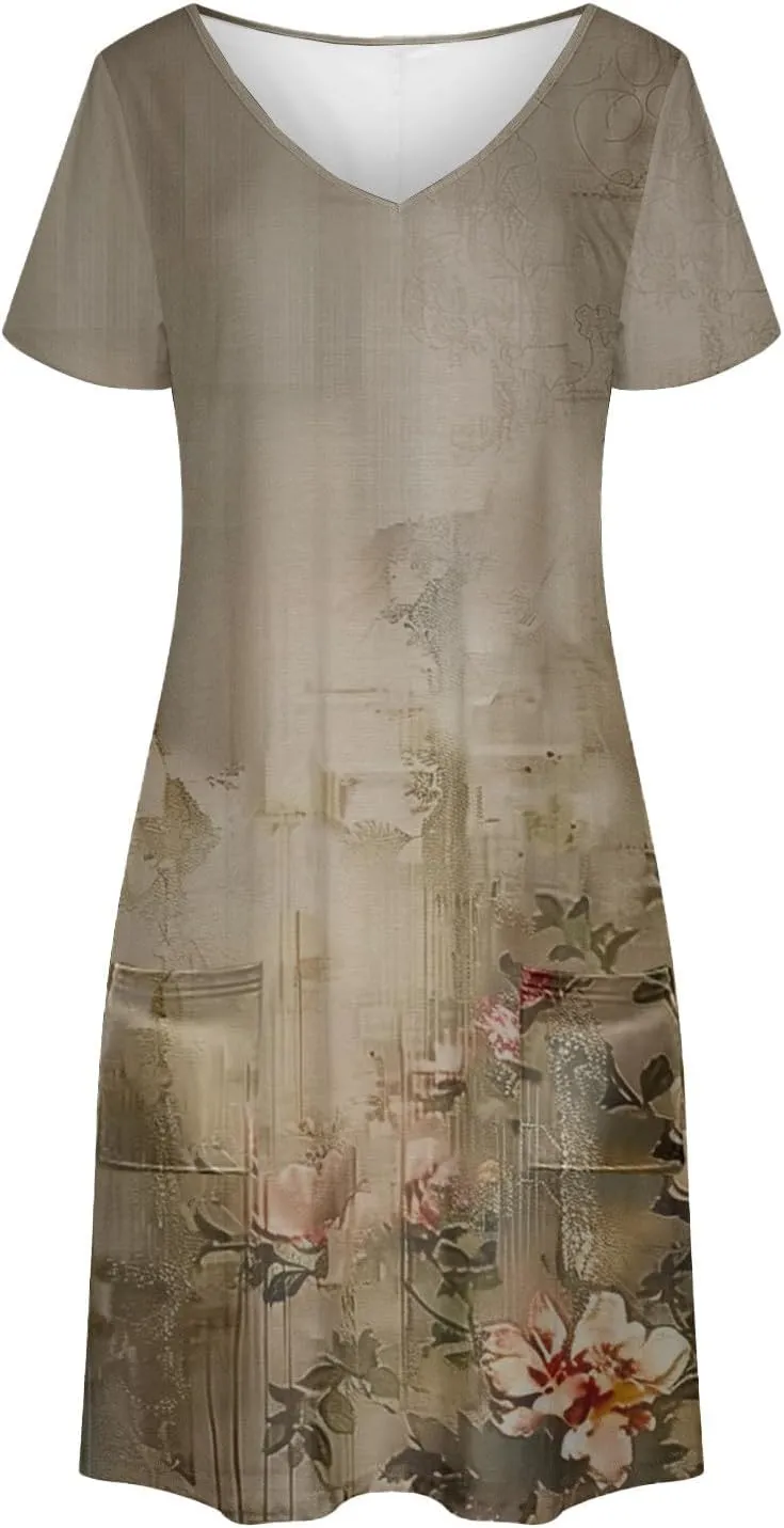 Womens Summer Dresses 2025 Short Sleeve V Neck Floral Shirt Dress Loose Fit Shift Sundress