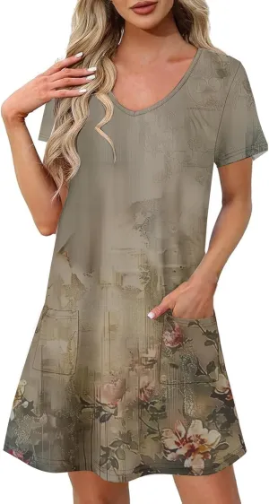 Womens Summer Dresses 2025 Short Sleeve V Neck Floral Shirt Dress Loose Fit Shift Sundress