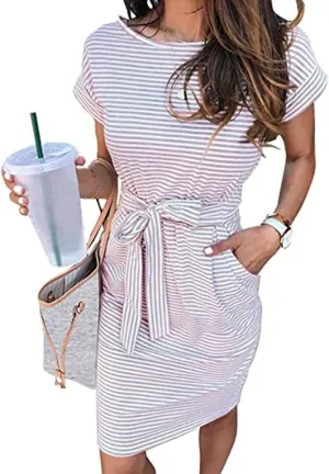 Womens Summer Dresses Casual Sleeveless Striped Crew Neck T Shirt Tie Waist Fitted Sheath Dress Party Trendy Pockets