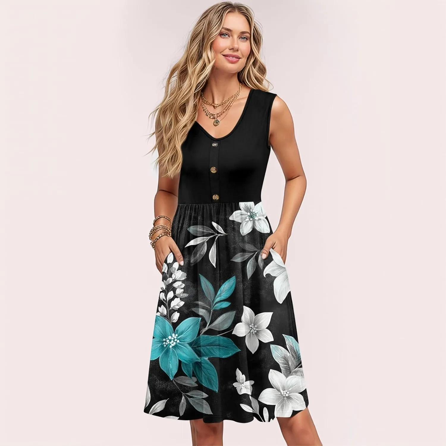 Womens Summer Dresses Patchwork Sleeveless Empire Waist Ruffled Swing Button Down Midi Sundress Wedding Guest Dress