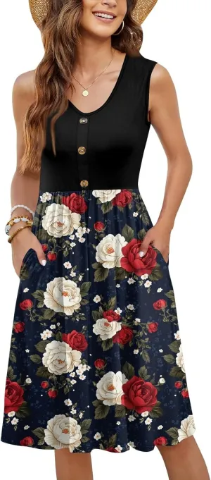 Womens Summer Dresses Patchwork Sleeveless Empire Waist Ruffled Swing Button Down Midi Sundress Wedding Guest Dress