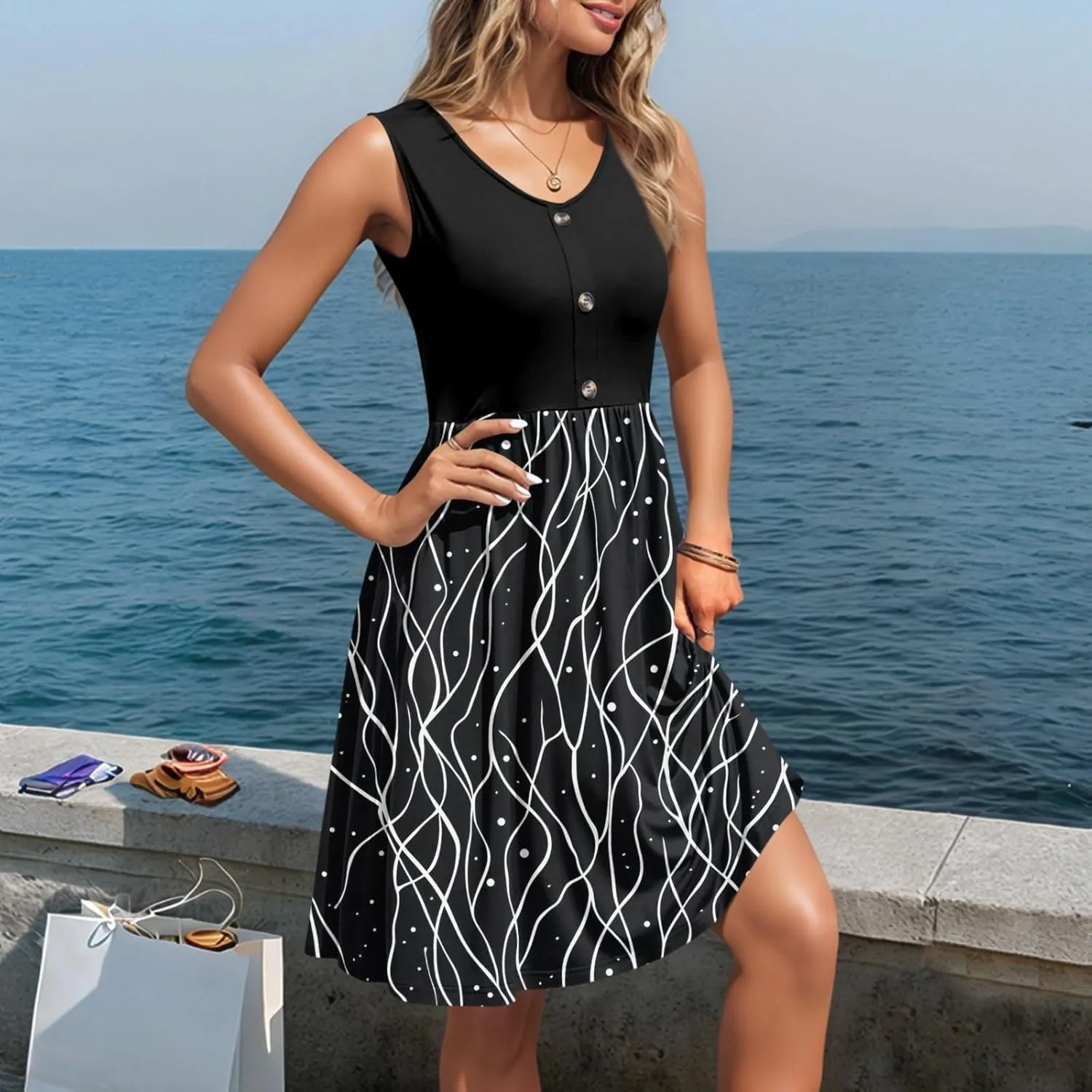 Womens Summer Dresses Patchwork Sleeveless Empire Waist Ruffled Swing Button Down Midi Sundress Wedding Guest Dress
