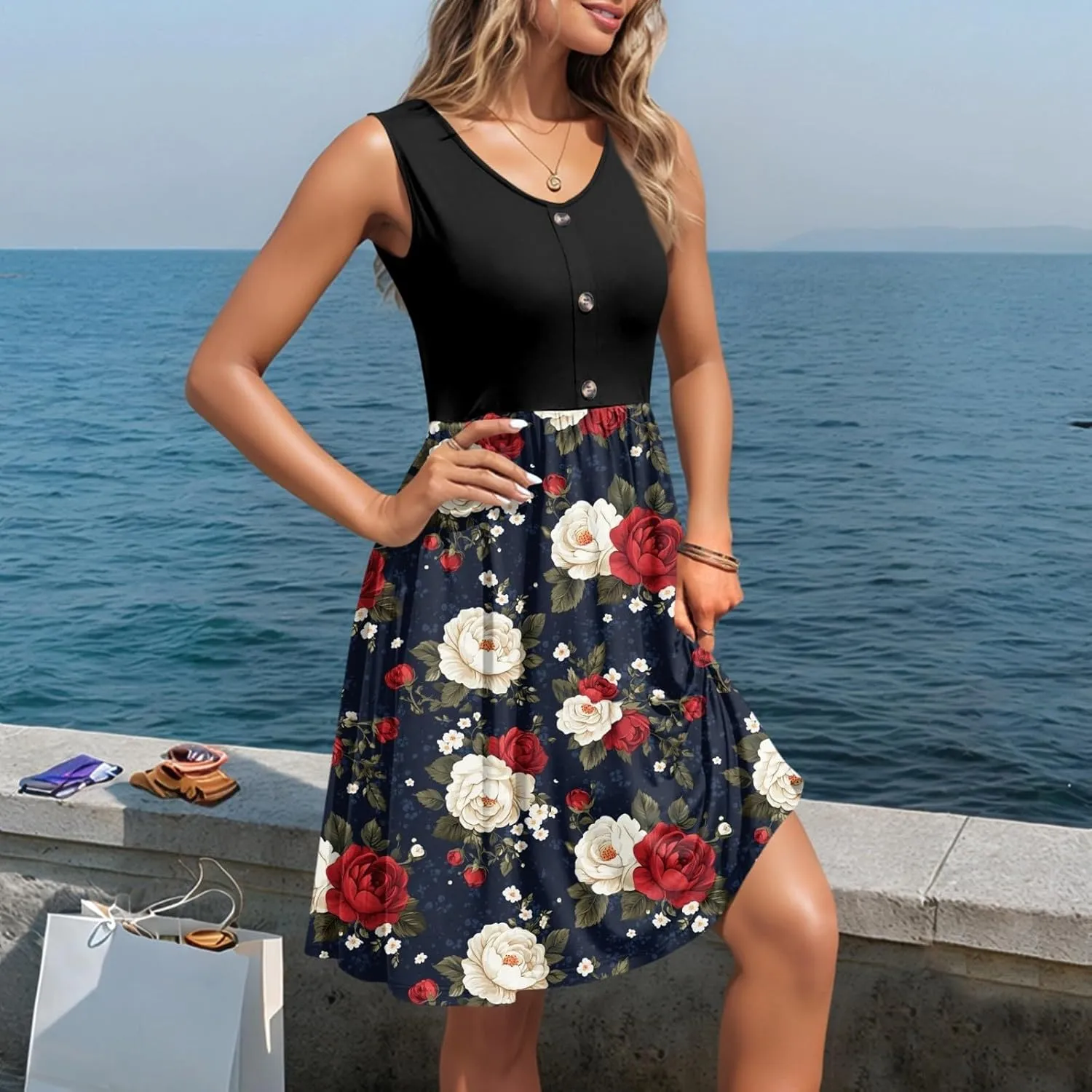 Womens Summer Dresses Patchwork Sleeveless Empire Waist Ruffled Swing Button Down Midi Sundress Wedding Guest Dress