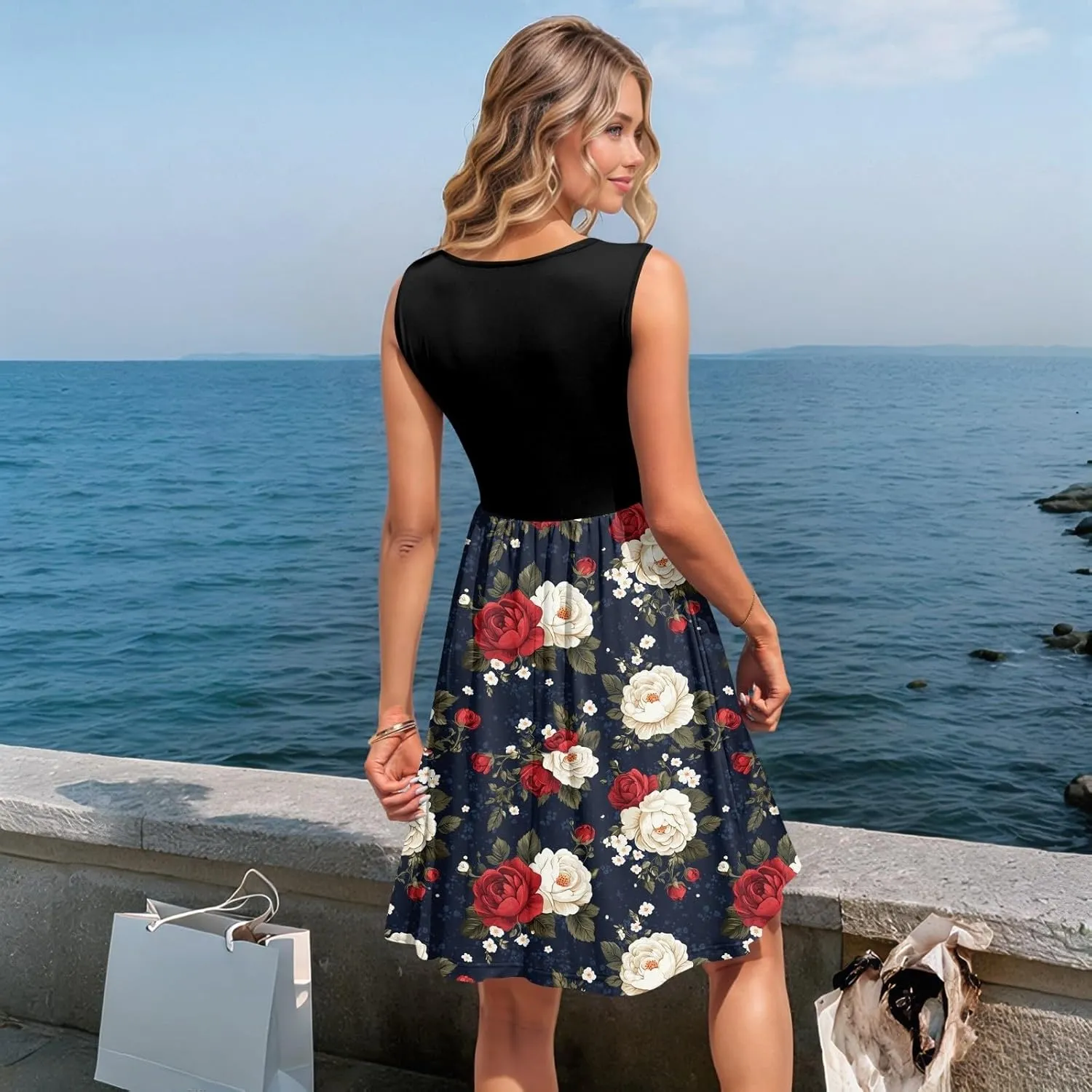 Womens Summer Dresses Patchwork Sleeveless Empire Waist Ruffled Swing Button Down Midi Sundress Wedding Guest Dress