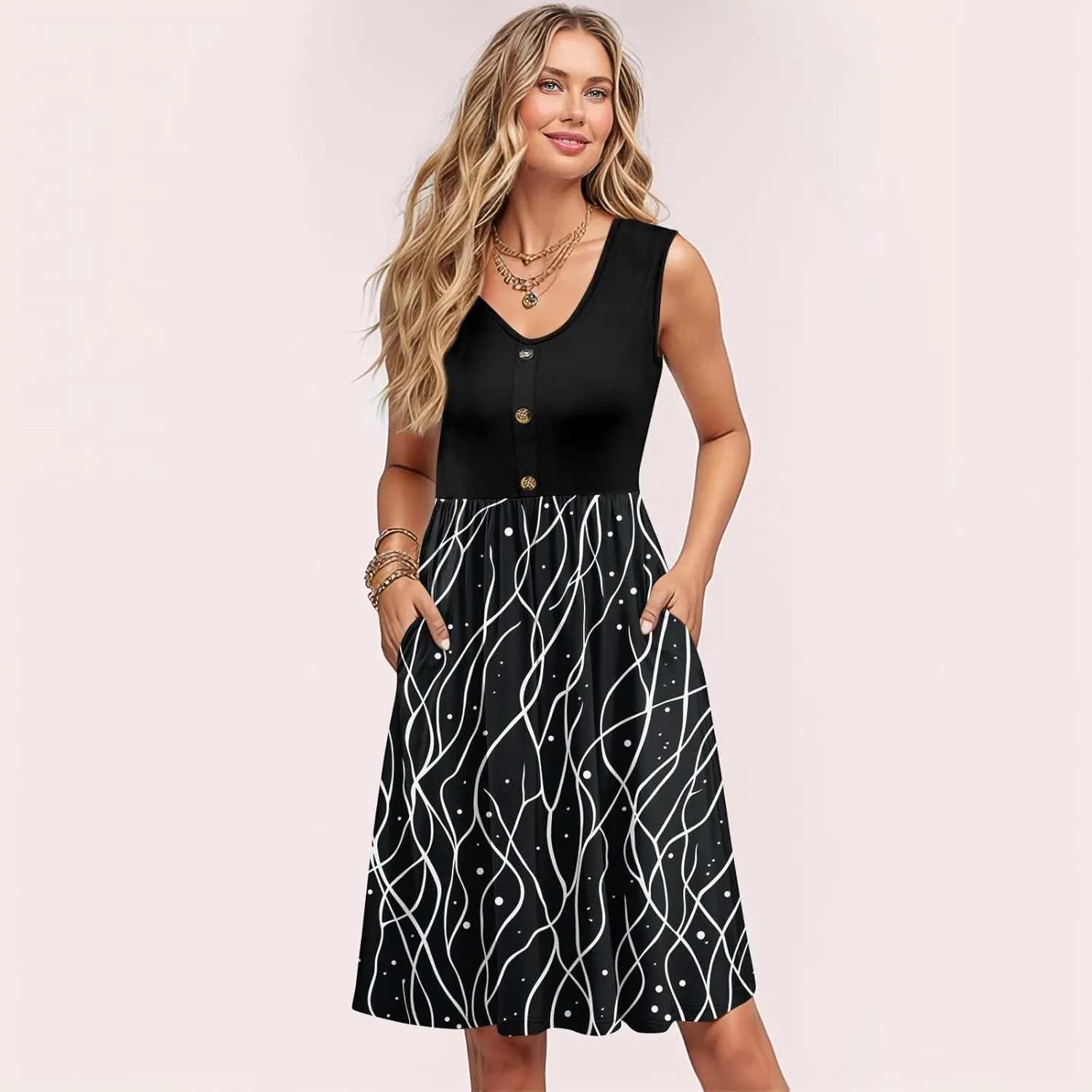 Womens Summer Dresses Patchwork Sleeveless Empire Waist Ruffled Swing Button Down Midi Sundress Wedding Guest Dress