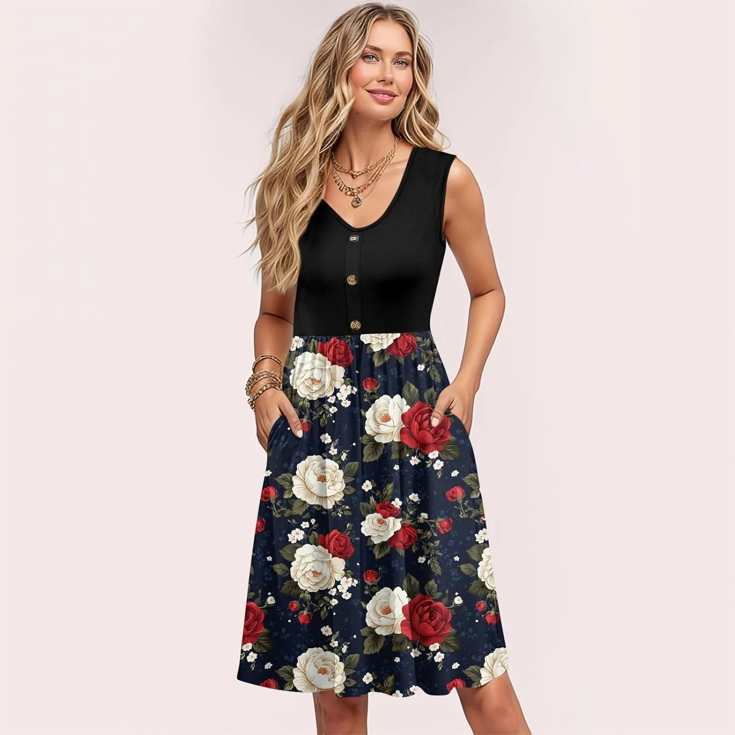 Womens Summer Dresses Patchwork Sleeveless Empire Waist Ruffled Swing Button Down Midi Sundress Wedding Guest Dress