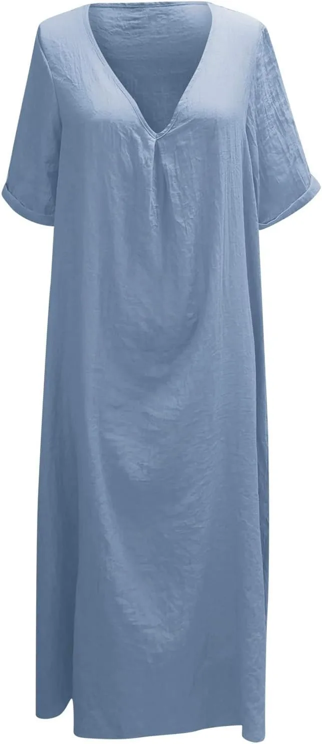 Womens Summer Dresses Vintage Flowy Boho Short Sleeve V Neck Linen Dress Club Trendy Country Concert Outfits for Women