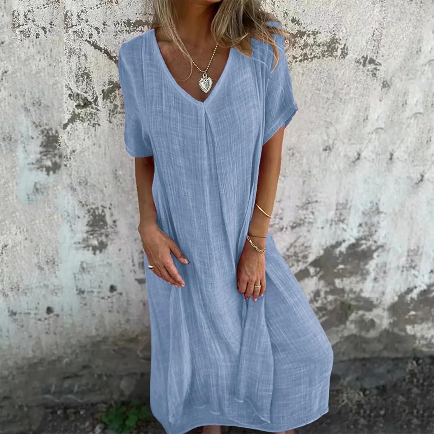 Womens Summer Dresses Vintage Flowy Boho Short Sleeve V Neck Linen Dress Club Trendy Country Concert Outfits for Women