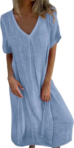 Womens Summer Dresses Vintage Flowy Boho Short Sleeve V Neck Linen Dress Club Trendy Country Concert Outfits for Women
