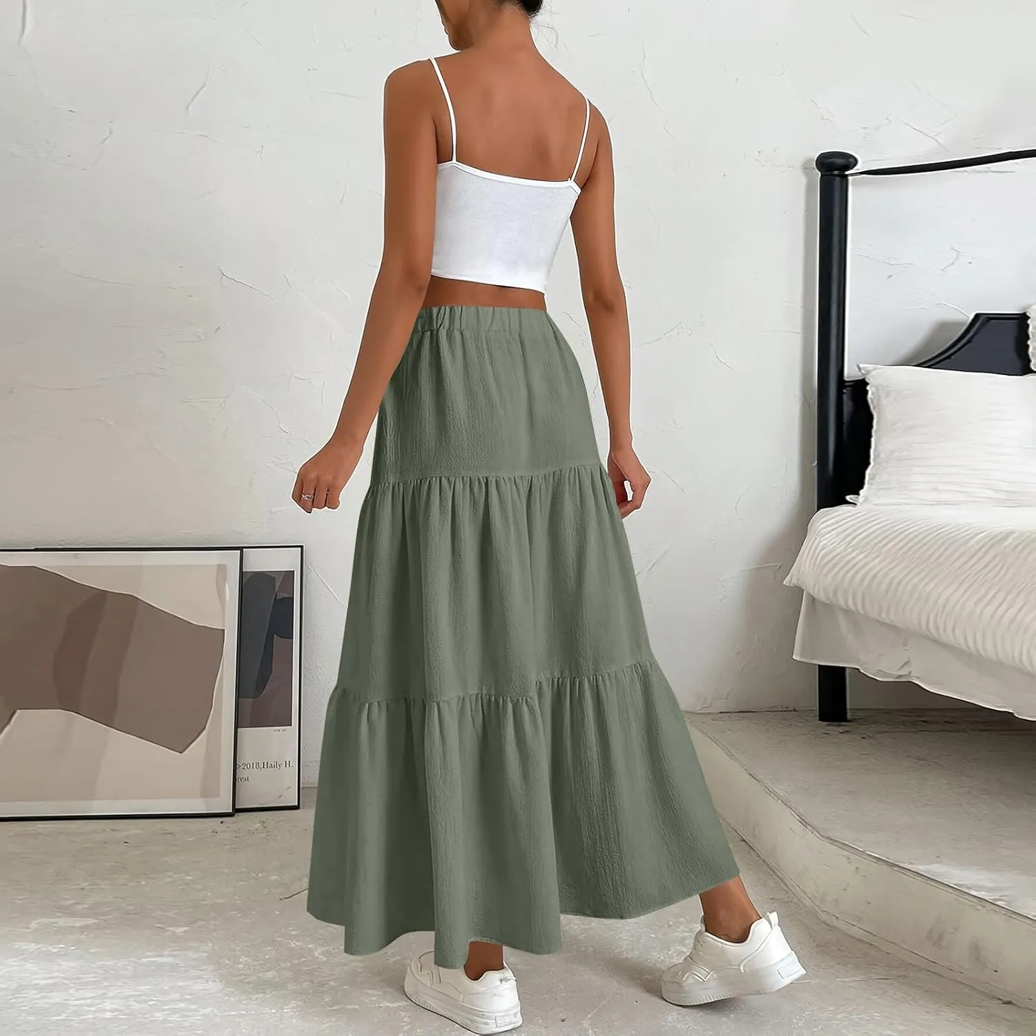 Women's Summer Flowy Swing Midi Skirts Boho High Elastic Waist Fake Drawstring Floral Print A line Casual Cute Skirt