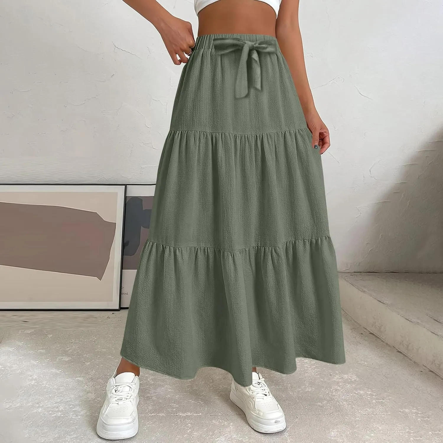 Women's Summer Flowy Swing Midi Skirts Boho High Elastic Waist Fake Drawstring Floral Print A line Casual Cute Skirt