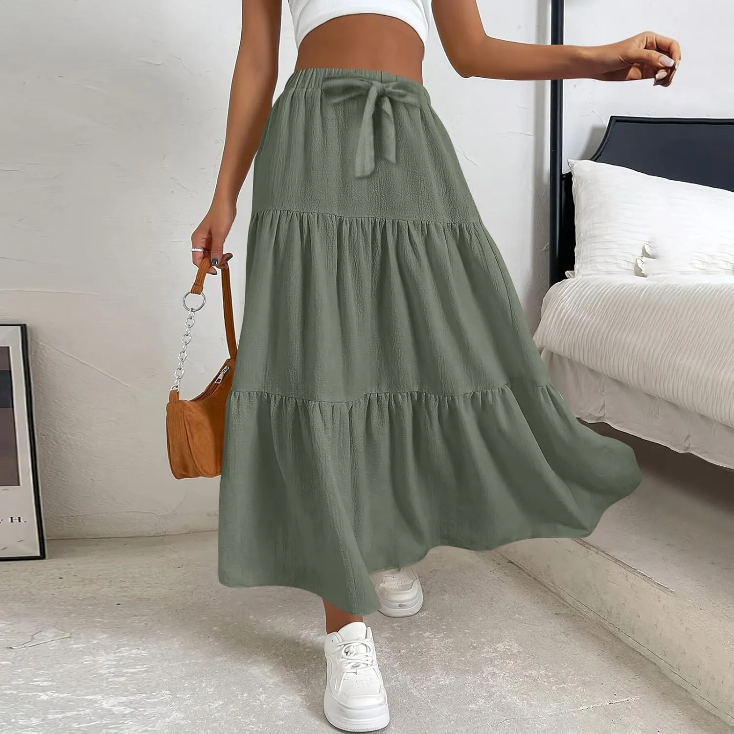 Women's Summer Flowy Swing Midi Skirts Boho High Elastic Waist Fake Drawstring Floral Print A line Casual Cute Skirt