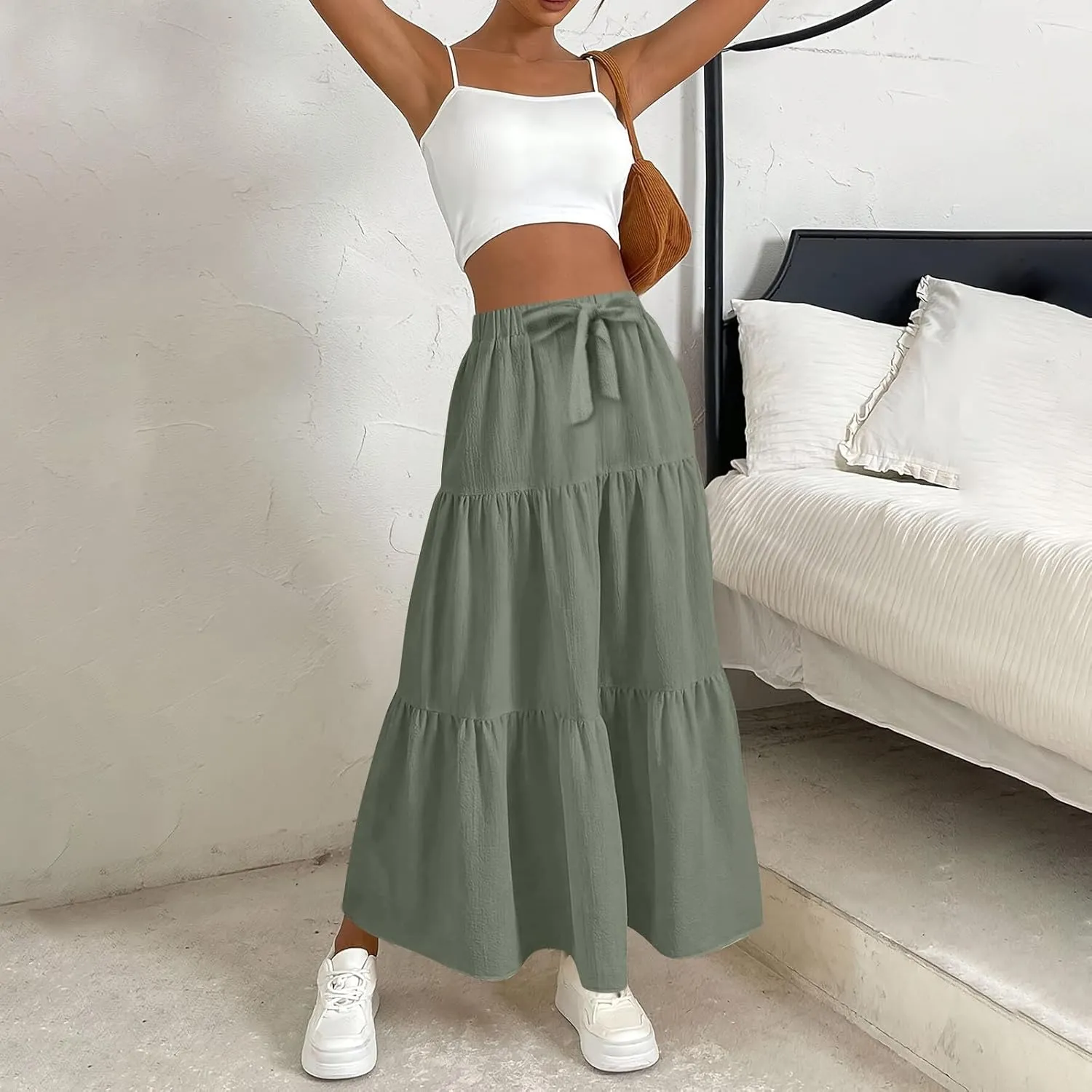Women's Summer Flowy Swing Midi Skirts Boho High Elastic Waist Fake Drawstring Floral Print A line Casual Cute Skirt