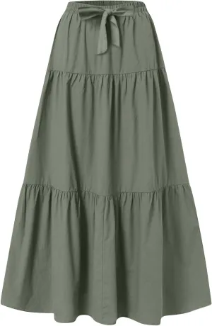 Women's Summer Flowy Swing Midi Skirts Boho High Elastic Waist Fake Drawstring Floral Print A line Casual Cute Skirt