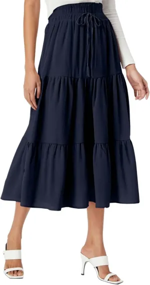 Womens Summer Maxi Skirt Flowy Elastic High Waist Pleated A-Line Skirts Boho Tiered Beach Long Skirts 2025 Trendy