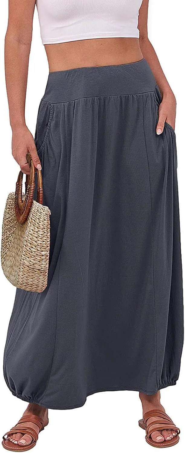 Women's Summer Maxi Skirts 2025 Trendy Solid High Waisted Ankle Length Skirt Casual Flowy Ruffle Hem Balloon Skirts