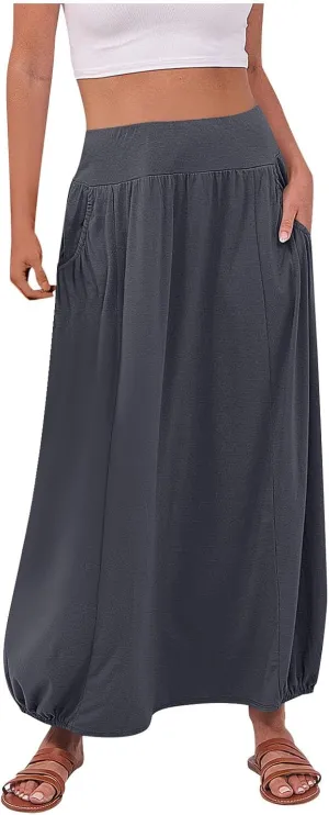 Women's Summer Maxi Skirts 2025 Trendy Solid High Waisted Ankle Length Skirt Casual Flowy Ruffle Hem Balloon Skirts