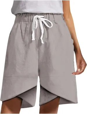 Womens Summer Shorts High Waisted Casual Drawstring Knee Length Shorts Fashion Solid Loose Pockets Vacation Pants
