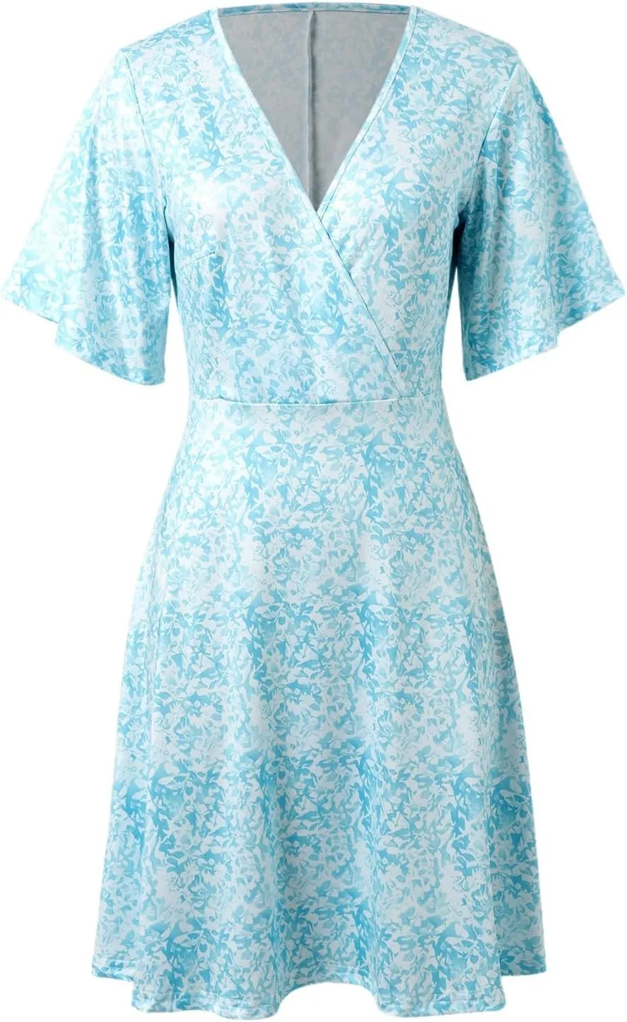 Womens Sundress Summer Floral Short Sleeve Wrap V Neck A-Line Midi Dresses Ruffled Flowy Vacation Casual Dress