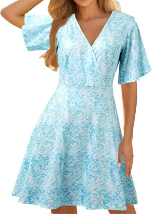 Womens Sundress Summer Floral Short Sleeve Wrap V Neck A-Line Midi Dresses Ruffled Flowy Vacation Casual Dress