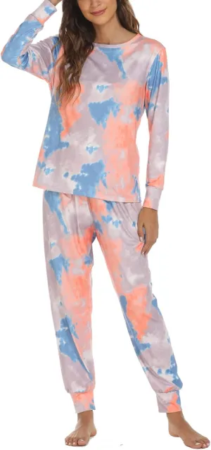 Women's Tie Dye Two Piece Pajamas Set Casual Long Sleeve Pullover Top with Long Pants Loungewear Soft Sleepwear