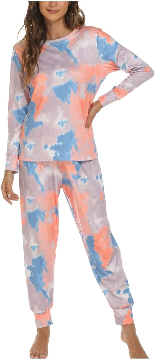 Women's Tie Dye Two Piece Pajamas Set Casual Long Sleeve Pullover Top with Long Pants Loungewear Soft Sleepwear