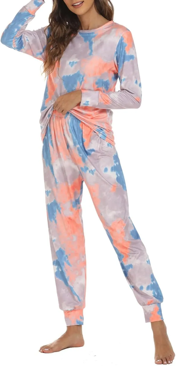 Women's Tie Dye Two Piece Pajamas Set Casual Long Sleeve Pullover Top with Long Pants Loungewear Soft Sleepwear