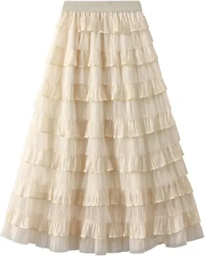 Women's Tulle Skirt Fairy Elastic Waist Layered A-Line Midi Ruffle Mesh Skirt Long Skirt