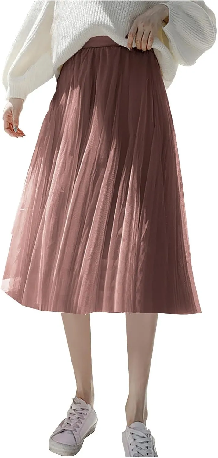 Womens Tulle Skirt Solid Color Elastic High Waist Pleated Mesh Flowy A-Line Skirts Summer Midi Skort