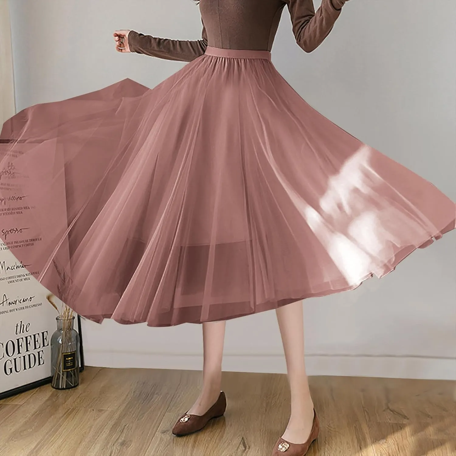 Womens Tulle Skirt Solid Color Elastic High Waist Pleated Mesh Flowy A-Line Skirts Summer Midi Skort