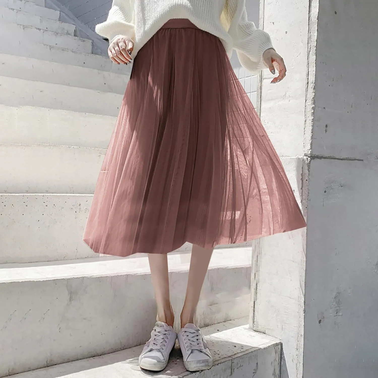 Womens Tulle Skirt Solid Color Elastic High Waist Pleated Mesh Flowy A-Line Skirts Summer Midi Skort