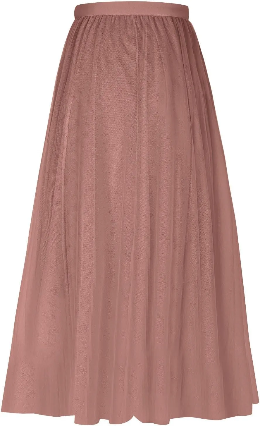 Womens Tulle Skirt Solid Color Elastic High Waist Pleated Mesh Flowy A-Line Skirts Summer Midi Skort