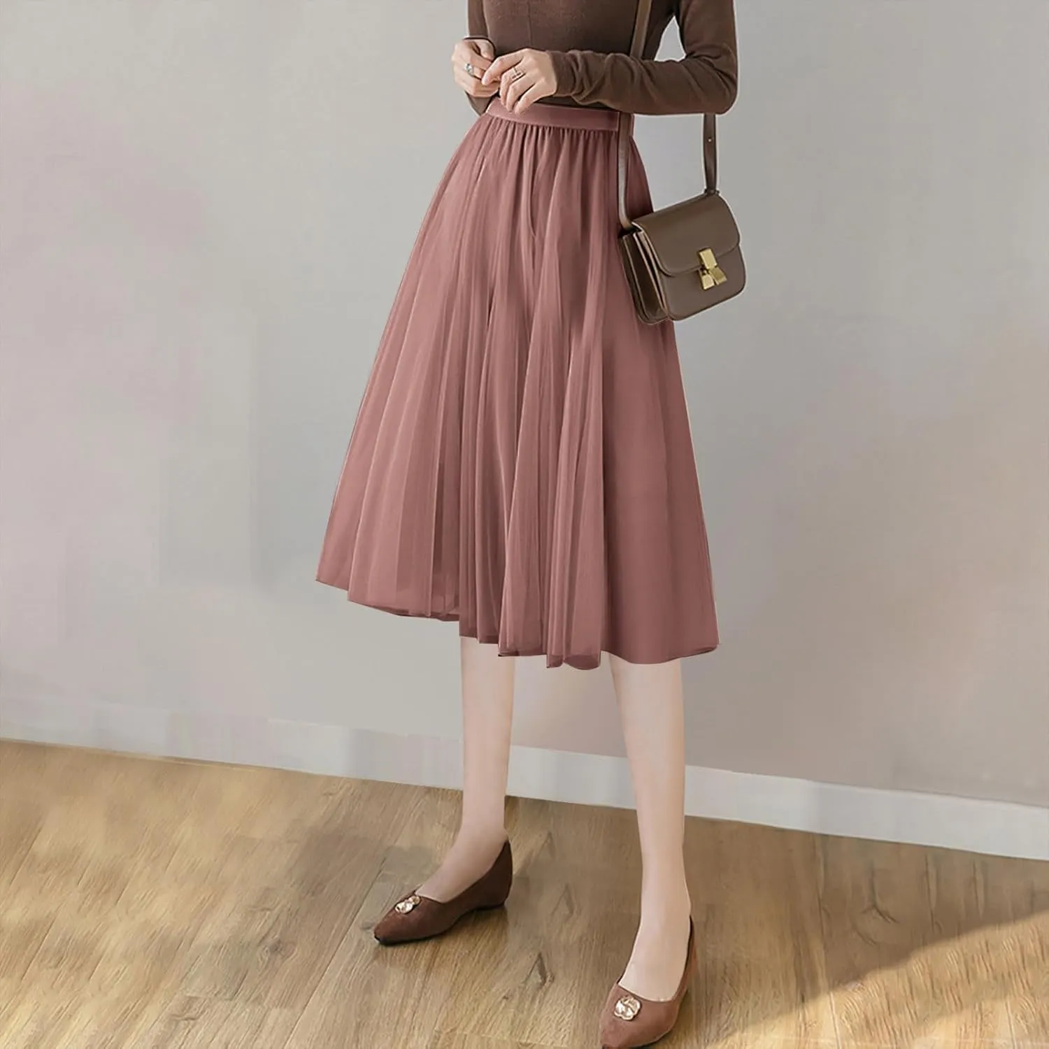 Womens Tulle Skirt Solid Color Elastic High Waist Pleated Mesh Flowy A-Line Skirts Summer Midi Skort