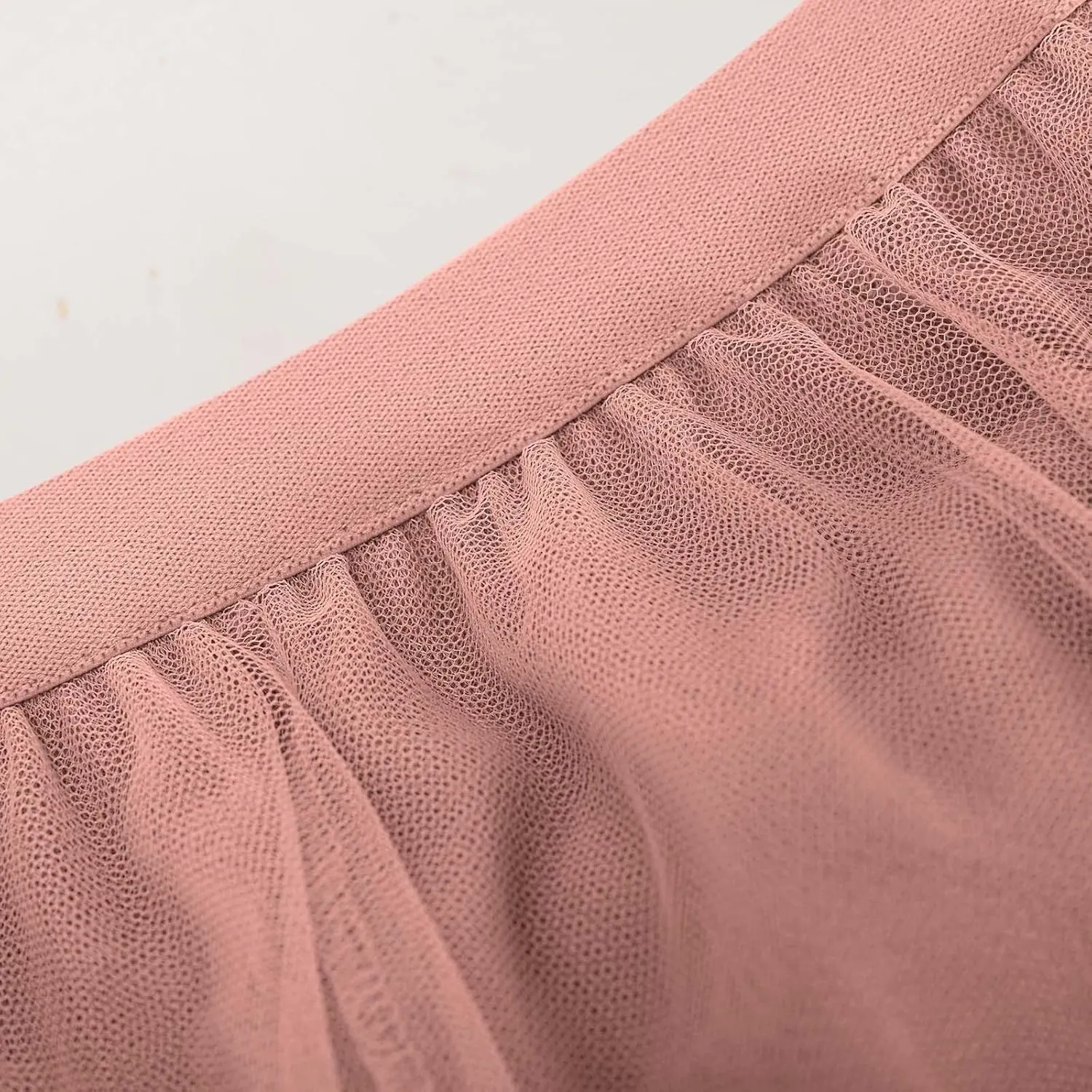 Womens Tulle Skirt Solid Color Elastic High Waist Pleated Mesh Flowy A-Line Skirts Summer Midi Skort