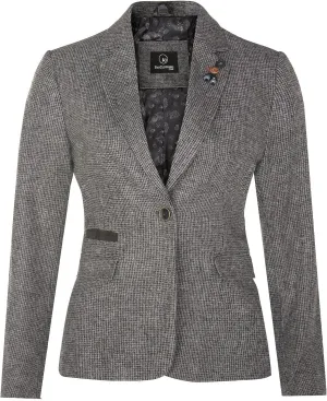 Women's Tweed Grey Herringbone Classic 1920s Formal Wool Tailored Blazer with Elbow Patches 18