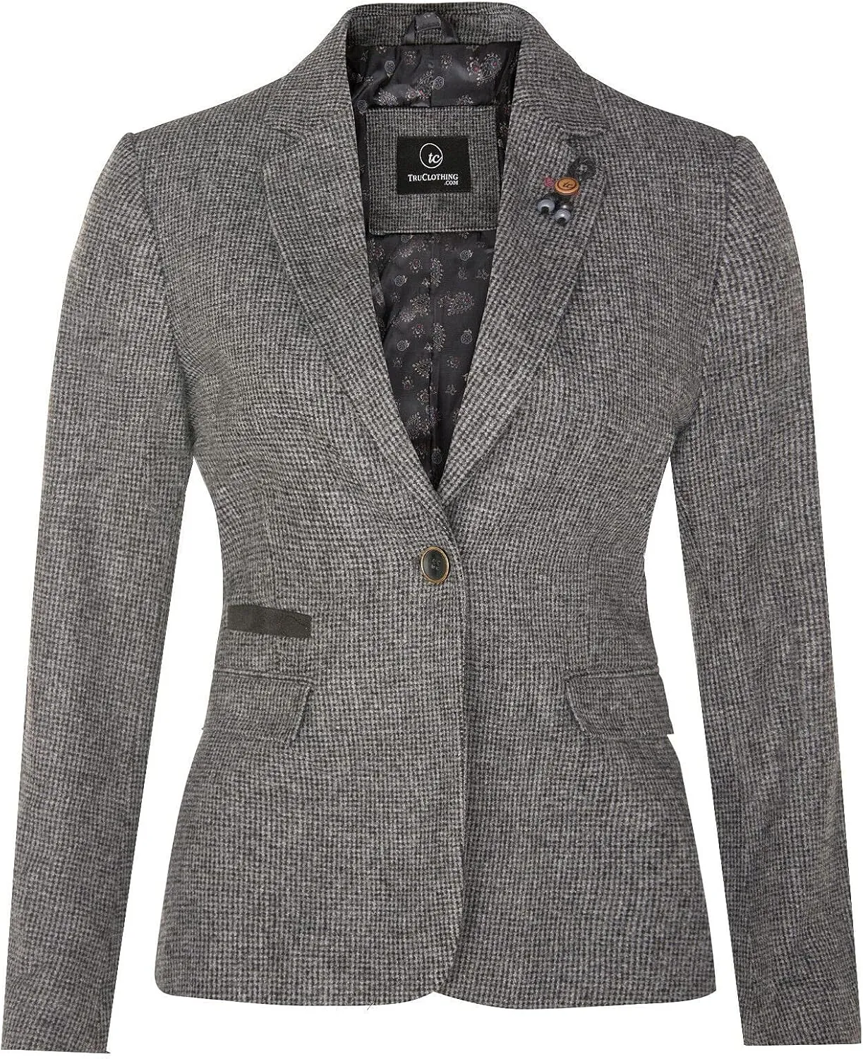 Women's Tweed Grey Herringbone Classic 1920s Formal Wool Tailored Blazer with Elbow Patches 18