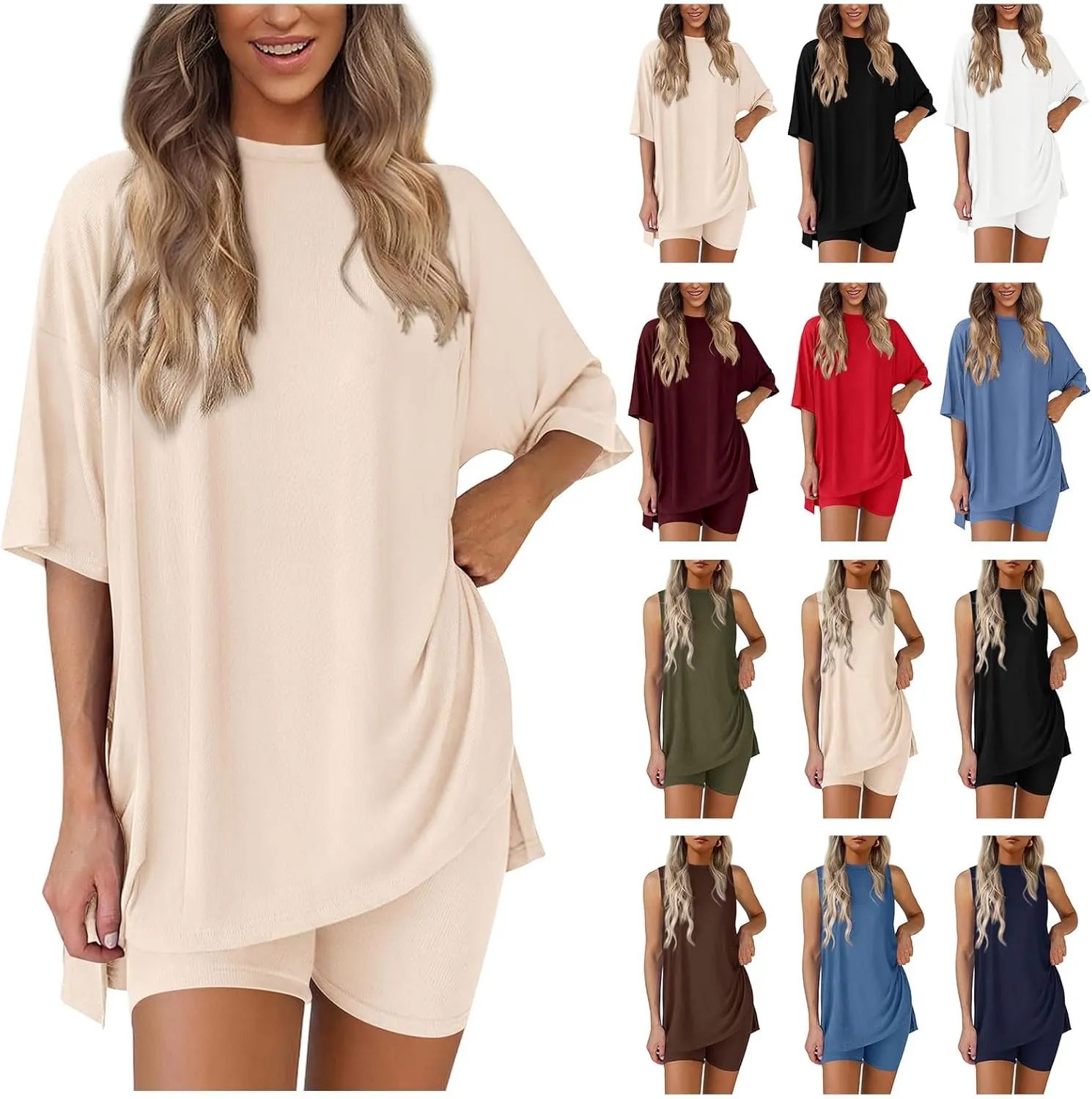 Women's Two Piece Lounge Set Summer Casual Oversized Tanks/Tshirts Biker Shorts Pajamas Set Comfy Soft 2 Piece Outfits